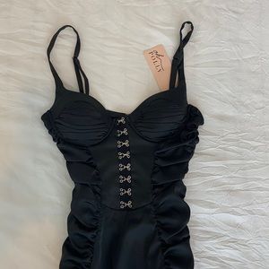 Oh Polly Black Corset Satin Mini Dress